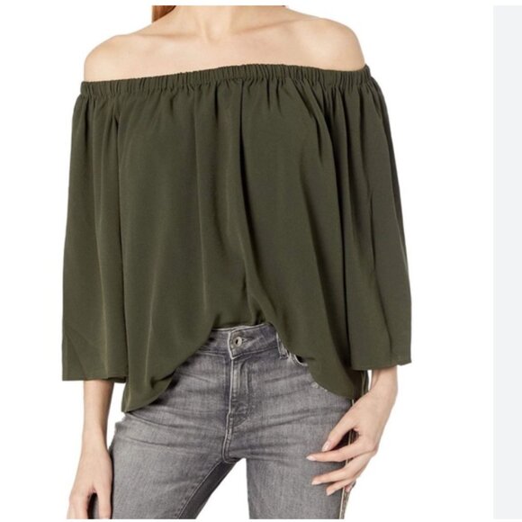 French Connection Olive Green Off-Shoulder Chiffon Blouse Top Size Medium - Picture 1 of 6